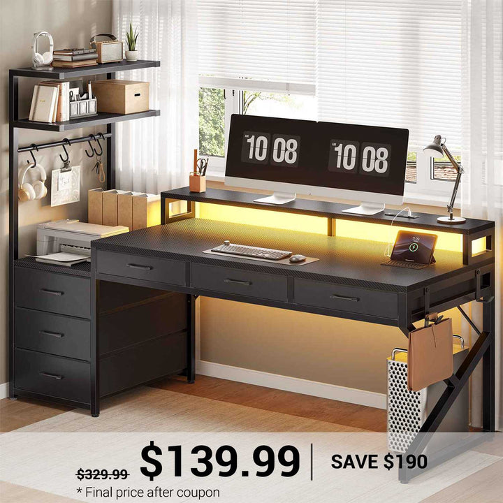 SEDETA 55 Inch Reversible Gaming Desk with 6 Drawers PC Desk with LED Lights Power Outlet Corner Computer Desk with Monitor Stand