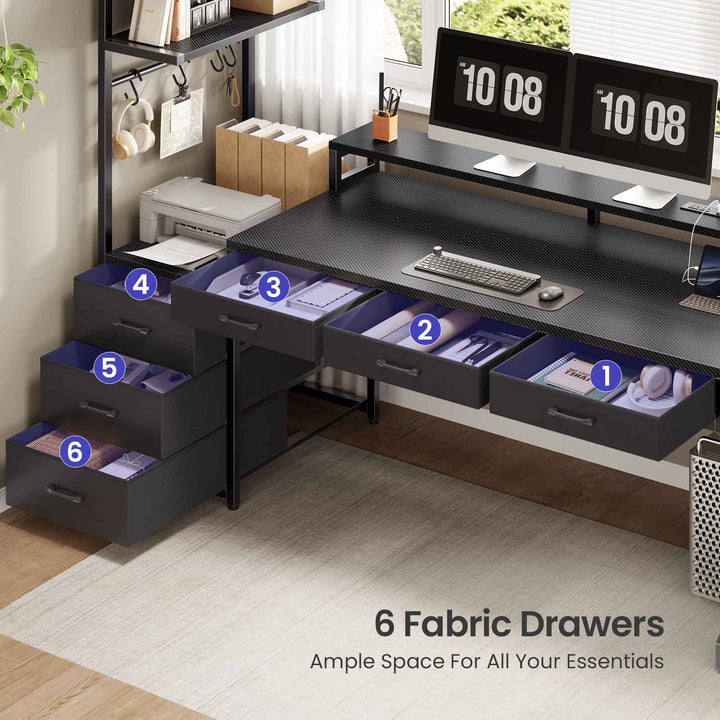 SEDETA 55 Inch Reversible Gaming Desk with 6 Drawers PC Desk with LED Lights Power Outlet Corner Computer Desk with Monitor Stand