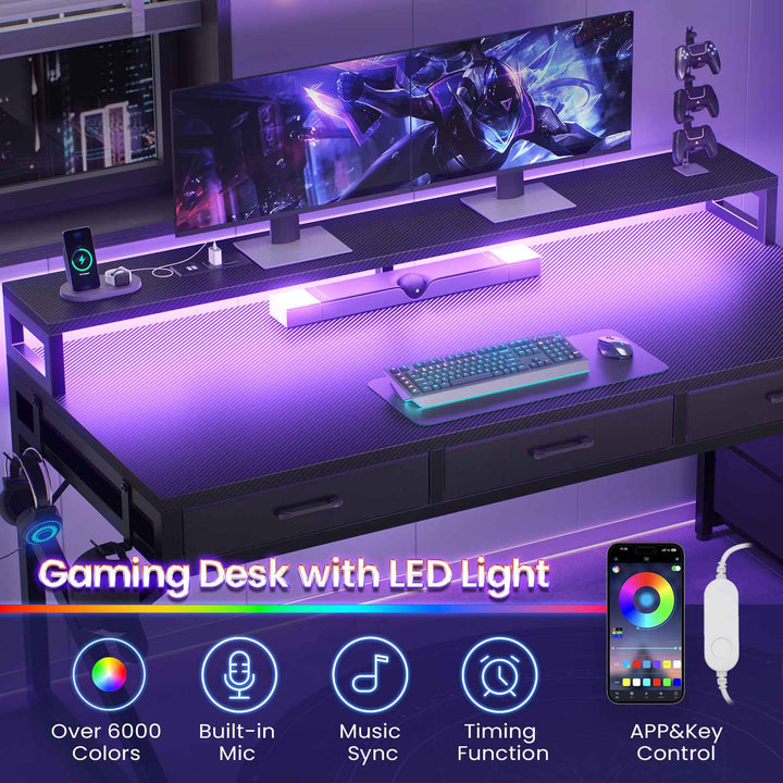 SEDETA 55 Inch Reversible Gaming Desk with 6 Drawers PC Desk with LED Lights Power Outlet Corner Computer Desk with Monitor Stand