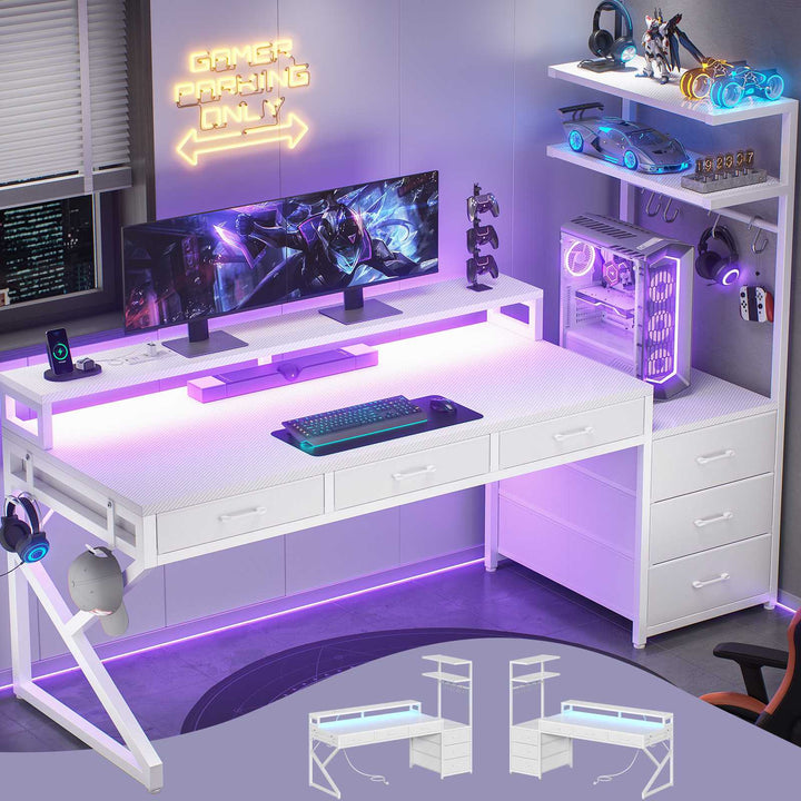SEDETA 55 Inch Reversible Gaming Desk with 6 Drawers PC Desk with LED Lights Power Outlet Corner Computer Desk with Monitor Stand