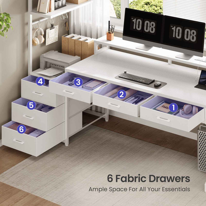 SEDETA 55 Inch Reversible Gaming Desk with 6 Drawers PC Desk with LED Lights Power Outlet Corner Computer Desk with Monitor Stand