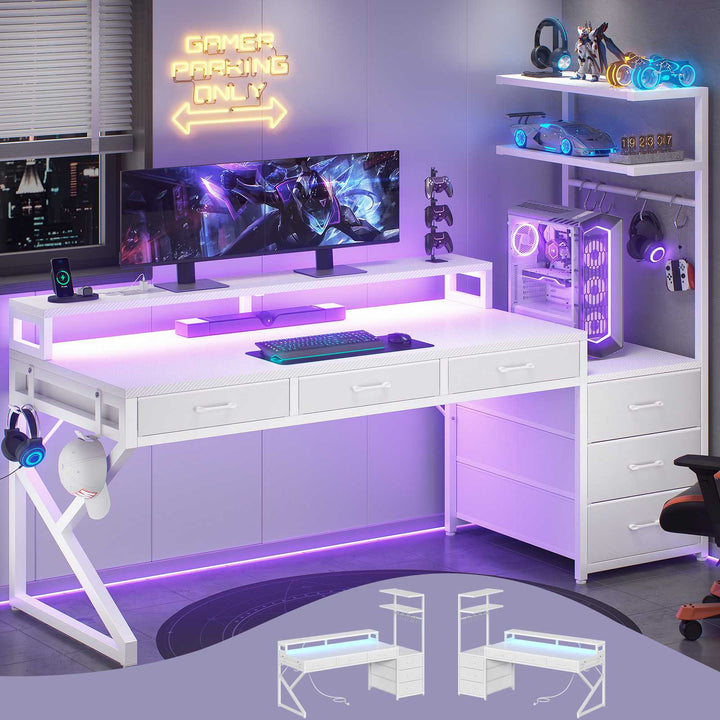 SEDETA 55 Inch Reversible Gaming Desk with 6 Drawers PC Desk with LED Lights Power Outlet Corner Computer Desk with Monitor Stand