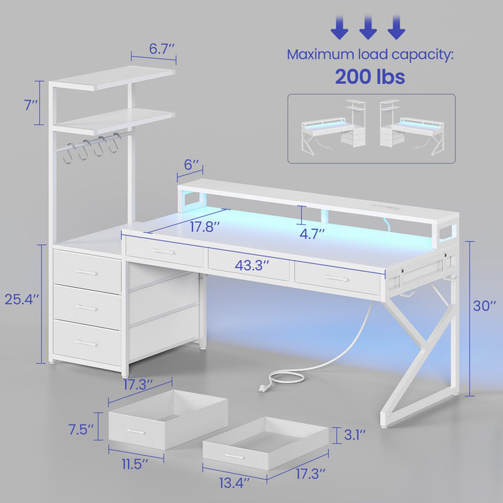 SEDETA 55 Inch Reversible Gaming Desk with 6 Drawers PC Desk with LED Lights Power Outlet Corner Computer Desk with Monitor Stand