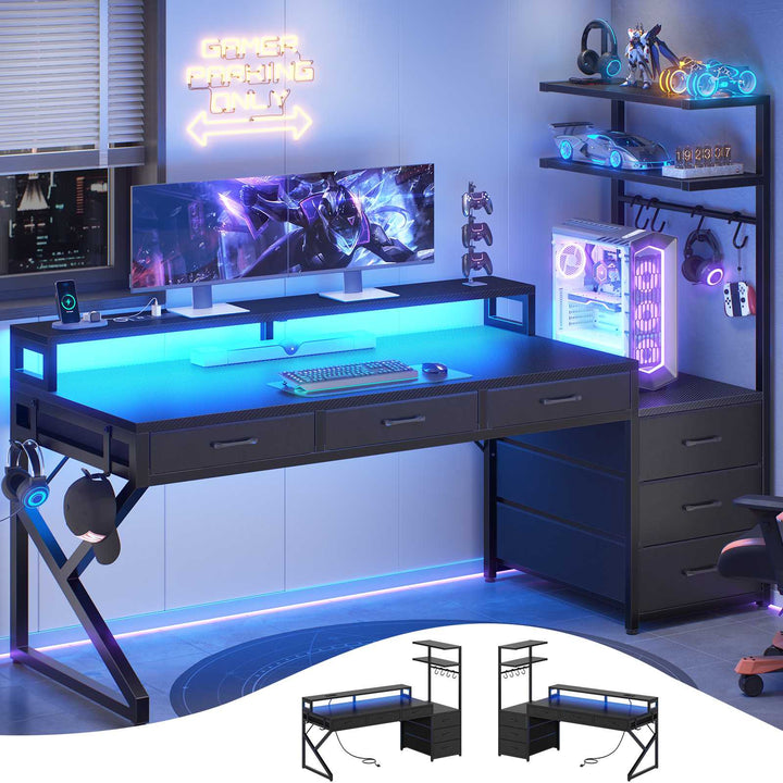 SEDETA 55 Inch Reversible Gaming Desk with 6 Drawers PC Desk with LED Lights Power Outlet Corner Computer Desk with Monitor Stand