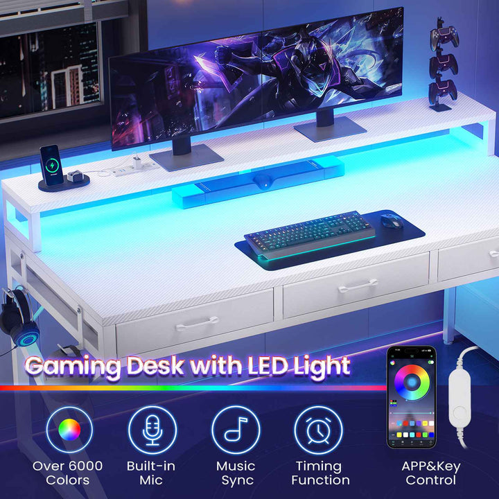 SEDETA 55 Inch Reversible Gaming Desk with 6 Drawers PC Desk with LED Lights Power Outlet Corner Computer Desk with Monitor Stand