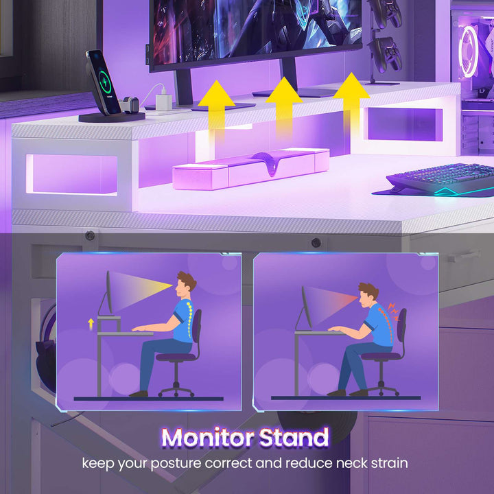 SEDETA 55 Inch Reversible Gaming Desk with 6 Drawers PC Desk with LED Lights Power Outlet Corner Computer Desk with Monitor Stand