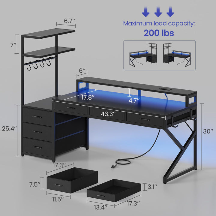 SEDETA 55 Inch Reversible Gaming Desk with 6 Drawers PC Desk with LED Lights Power Outlet Corner Computer Desk with Monitor Stand