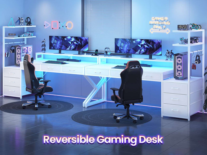 SEDETA 55 Inch Reversible Gaming Desk with 6 Drawers PC Desk with LED Lights Power Outlet Corner Computer Desk with Monitor Stand