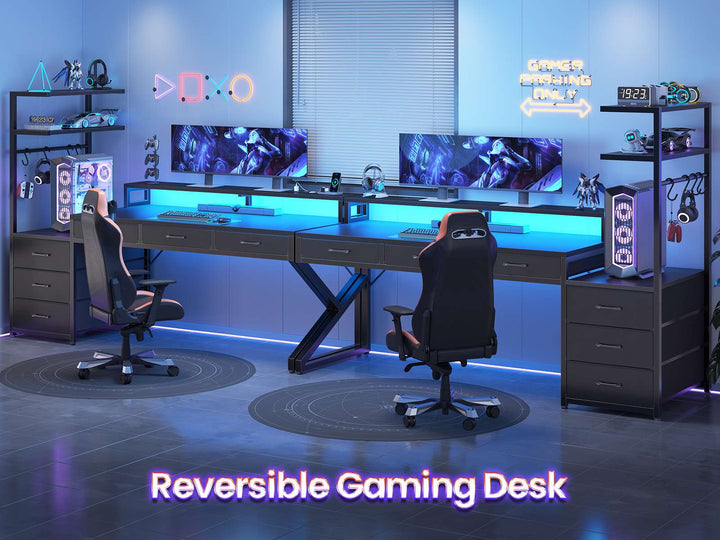 SEDETA 55 Inch Reversible Gaming Desk with 6 Drawers PC Desk with LED Lights Power Outlet Corner Computer Desk with Monitor Stand