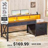 SEDETA 55 Inch Farmhouse Computer Desk with 4 Drawers Power Outlet Gaming Desk with Led Lights Storage Shelves Printer Cabinet
