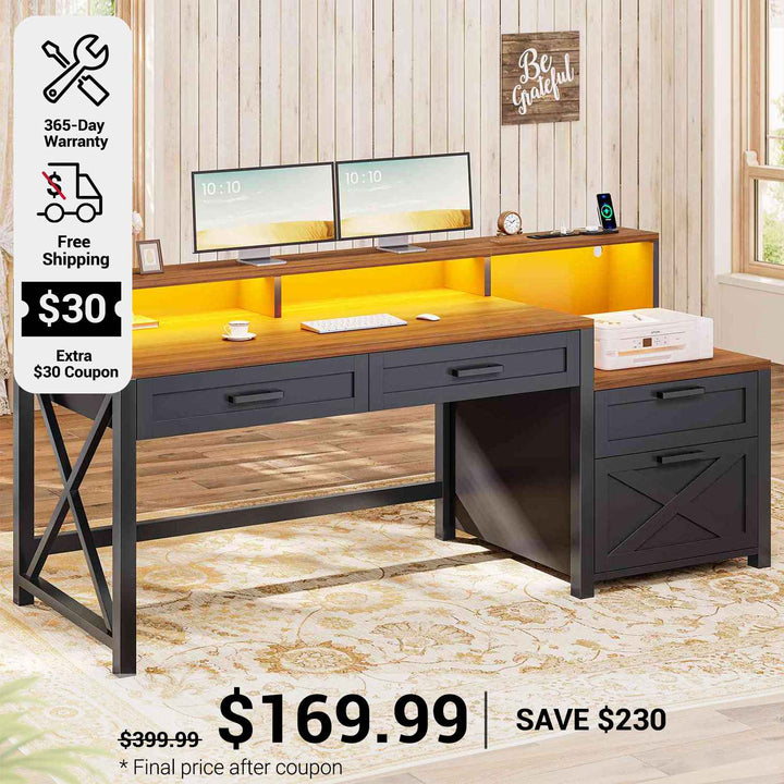 SEDETA 55 Inch Farmhouse Computer Desk with 4 Drawers Power Outlet Gaming Desk with Led Lights Storage Shelves Printer Cabinet