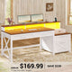 SEDETA 55 Inch Farmhouse Computer Desk with 4 Drawers Power Outlet Gaming Desk with Led Lights Storage Shelves Printer Cabinet