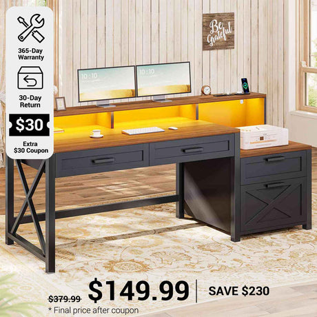 SEDETA® 55 Inch Gaming Desk with Led Lights Farmhouse Home Office Computer Desk with 4 Drawers Printer Cabinet and Monitor Shelf