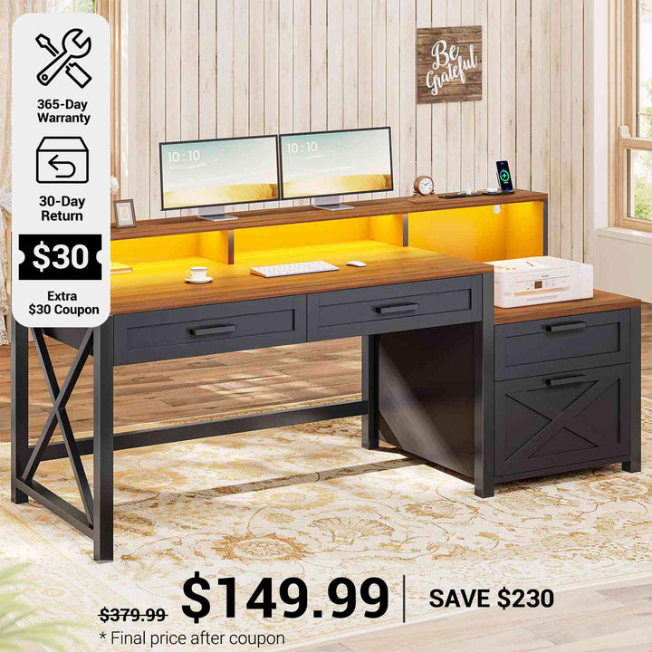 SEDETA® 55 Inch Gaming Desk with Led Lights Farmhouse Home Office Computer Desk with 4 Drawers Printer Cabinet and Monitor Shelf