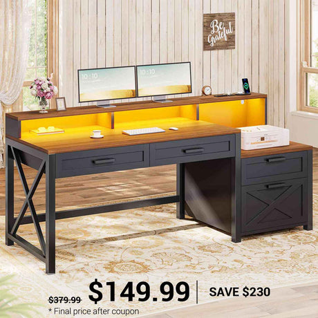 SEDETA | 55 Inch Farmhouse Office Computer Desk with 4 Drawers Power Outlet LED Gaming Desk with Printer Cabinet and Monitor Shelf
