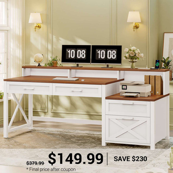 SEDETA | 55 Inch Farmhouse Office Computer Desk with 4 Drawers Power Outlet LED Gaming Desk with Printer Cabinet and Monitor Shelf