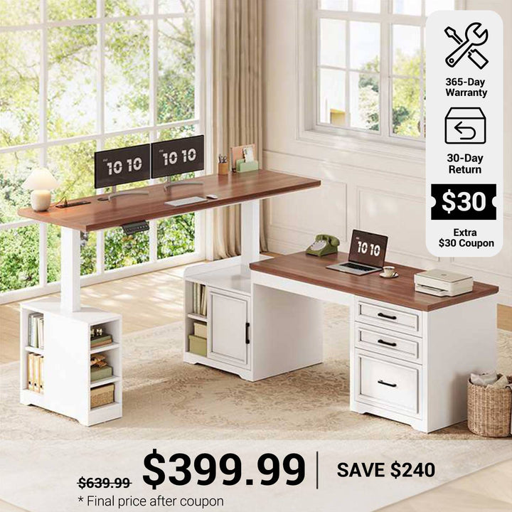 SEDETA® 63 Inch Electric Standing Desk Farmhouse Height Adjustable L Shaped Reversible 110 Inch Two Person Executive Computer Long Desk with Drawers