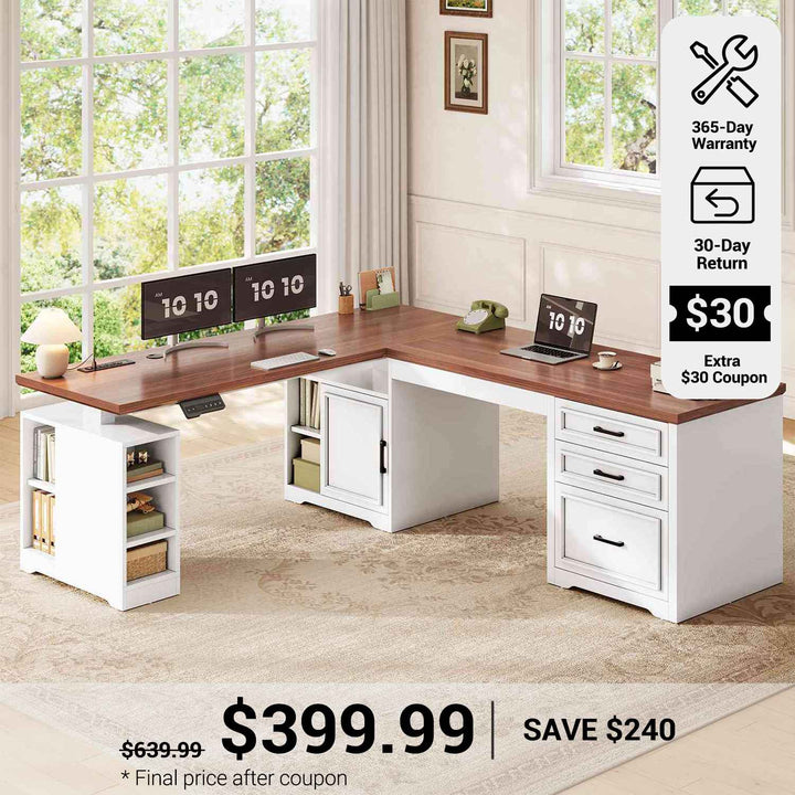 SEDETA® 63 Inch Electric Standing Desk Farmhouse Height Adjustable L Shaped Reversible 110 Inch Two Person Executive Computer Long Desk with Drawers