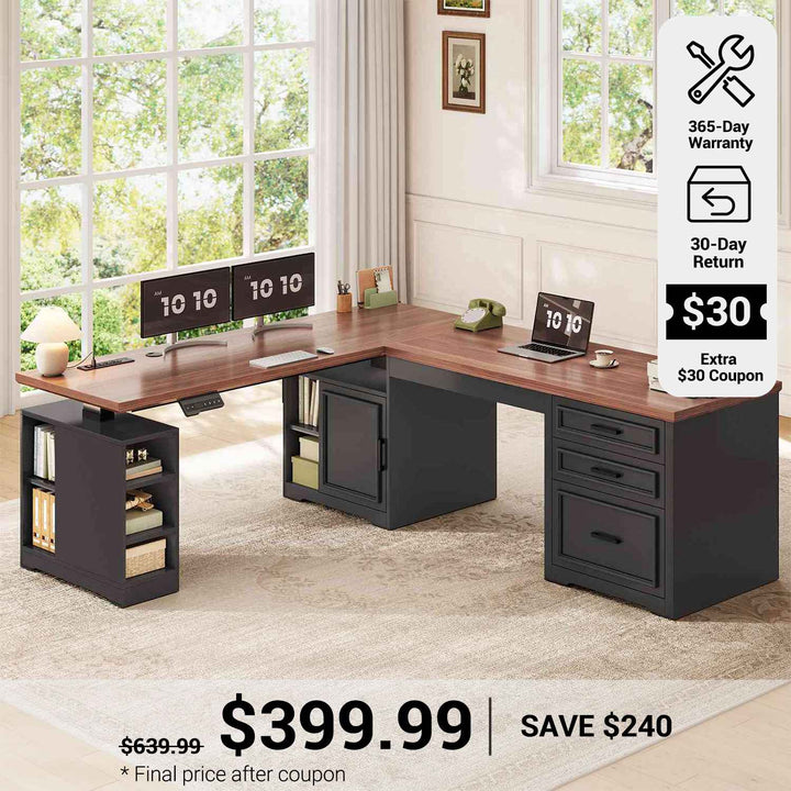 SEDETA® 63 Inch Electric Standing Desk Farmhouse Height Adjustable L Shaped Reversible 110 Inch Two Person Executive Computer Long Desk with Drawers