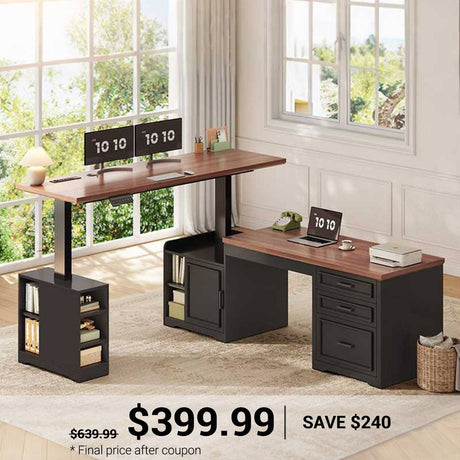 SEDETA | 63 Inch Farmhouse Electric Standing Desk Height Adjustable L Shaped Office Computer Desk with Drawers Shelves and Power Outlet