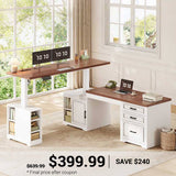 SEDETA | 63 Inch Farmhouse Electric Standing Desk Height Adjustable L Shaped Office Computer Desk with Drawers Shelves and Power Outlet