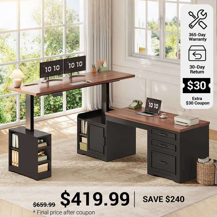 SEDETA 63 Inch L Shaped Electric Standing Desk Height Adjustable Computer Desk Farmhouse with Drawers Shelves and Power Outlet