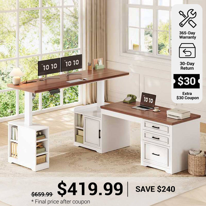 SEDETA 63 Inch L Shaped Electric Standing Desk Height Adjustable Computer Desk Farmhouse with Drawers Shelves and Power Outlet