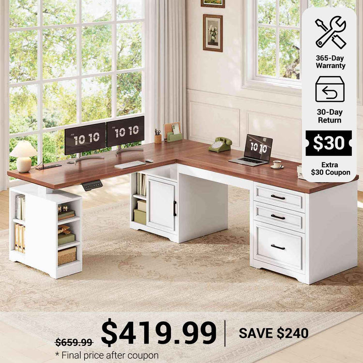 SEDETA 63 Inch L Shaped Electric Standing Desk Height Adjustable Computer Desk Farmhouse with Drawers Shelves and Power Outlet