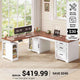 SEDETA 63 Inch L Shaped Electric Standing Desk Height Adjustable Computer Desk Farmhouse with Drawers Shelves and Power Outlet