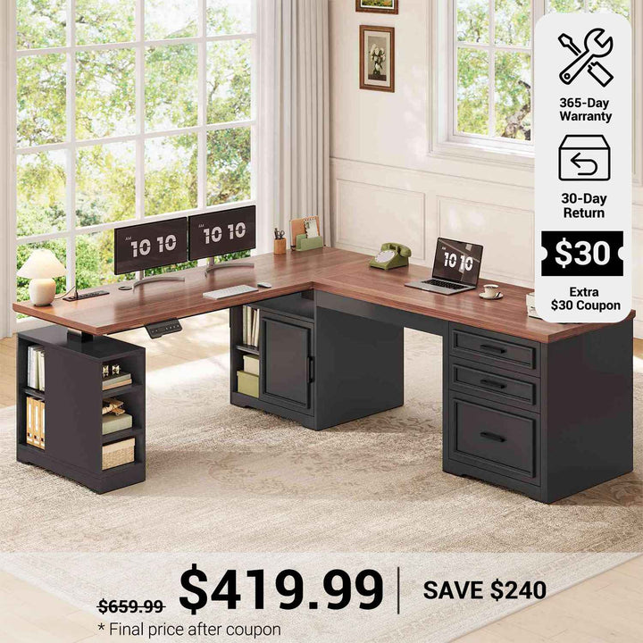 SEDETA 63 Inch L Shaped Electric Standing Desk Height Adjustable Computer Desk Farmhouse with Drawers Shelves and Power Outlet