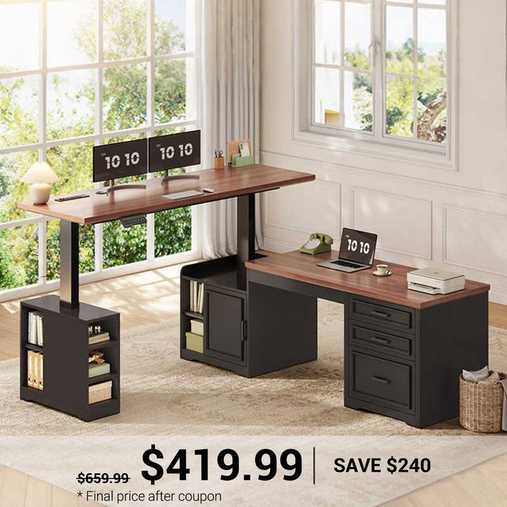 SEDETA 63 Inch L Shaped Electric Standing Desk Height Adjustable Computer Desk Farmhouse with Drawers Shelves and Power Outlet