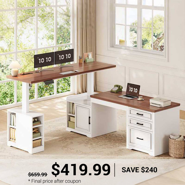 SEDETA 63 Inch L Shaped Electric Standing Desk Height Adjustable Computer Desk Farmhouse with Drawers Shelves and Power Outlet