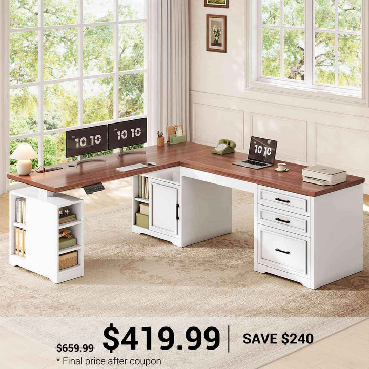 SEDETA 63 Inch L Shaped Electric Standing Desk Height Adjustable Computer Desk Farmhouse with Drawers Shelves and Power Outlet