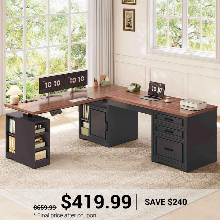 SEDETA 63 Inch L Shaped Electric Standing Desk Height Adjustable Computer Desk Farmhouse with Drawers Shelves and Power Outlet