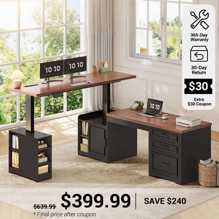 SEDETA® 63 Inch Electric Standing Desk Farmhouse Height Adjustable L Shaped Reversible 110 Inch Two Person Executive Computer Long Desk with Drawers