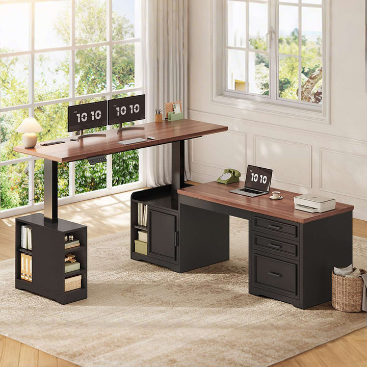 SEDETA 63 Inch L Shaped Electric Standing Desk Height Adjustable Computer Desk Farmhouse with Drawers Shelves and Power Outlet