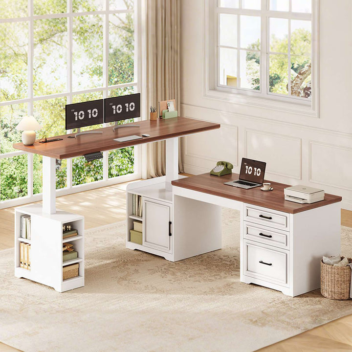 SEDETA 63 Inch L Shaped Electric Standing Desk Height Adjustable Computer Desk Farmhouse with Drawers Shelves and Power Outlet