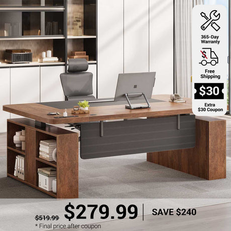 SEDETA 63 Inch Executive Standing Desk with Storage Height Adjustable Desk with Power Outlets Computer Office Desk with Privacy Panel