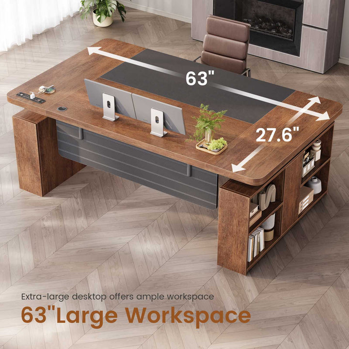 SEDETA® 63 Inch Standing Desk Height Adjustable Ergonomic Executive Desk Computer Office Desk with Power Outlets Open Shelves Privacy Panel