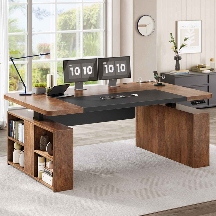 SEDETA® 63 Inch Standing Desk Height Adjustable Ergonomic Executive Desk Computer Office Desk with Power Outlets Open Shelves Privacy Panel