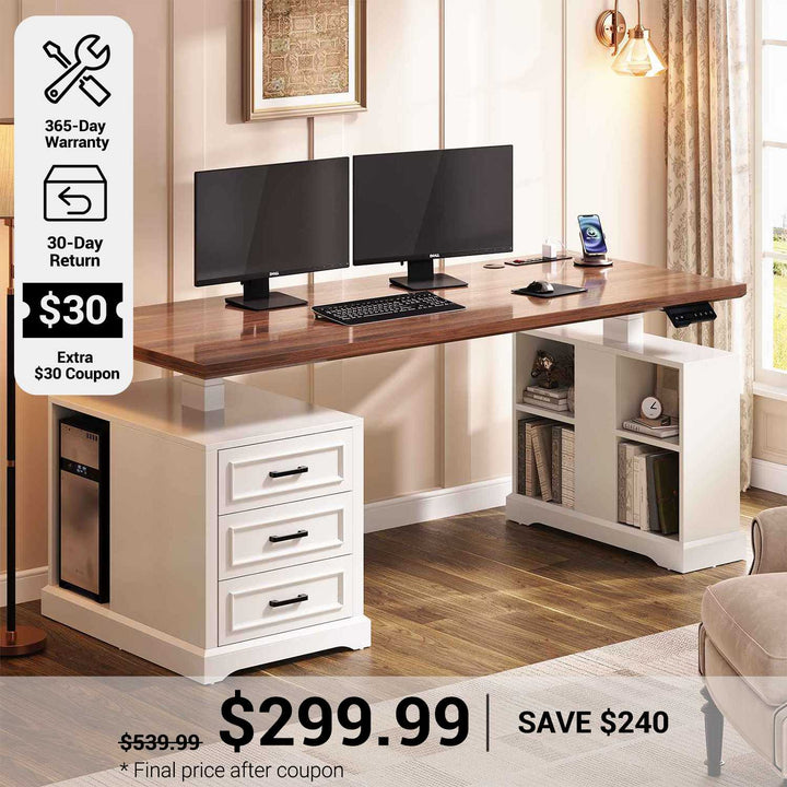 SEDETA 63 Inch Farmhouse Electric Standing Desk with 3 Drawers Storage Shelves Height Adjustable Computer Desk with Power Outlets