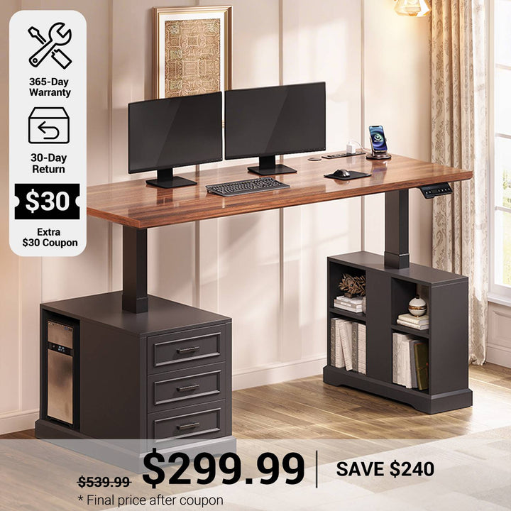 SEDETA 63 Inch Farmhouse Electric Standing Desk with 3 Drawers Storage Shelves Height Adjustable Computer Desk with Power Outlets