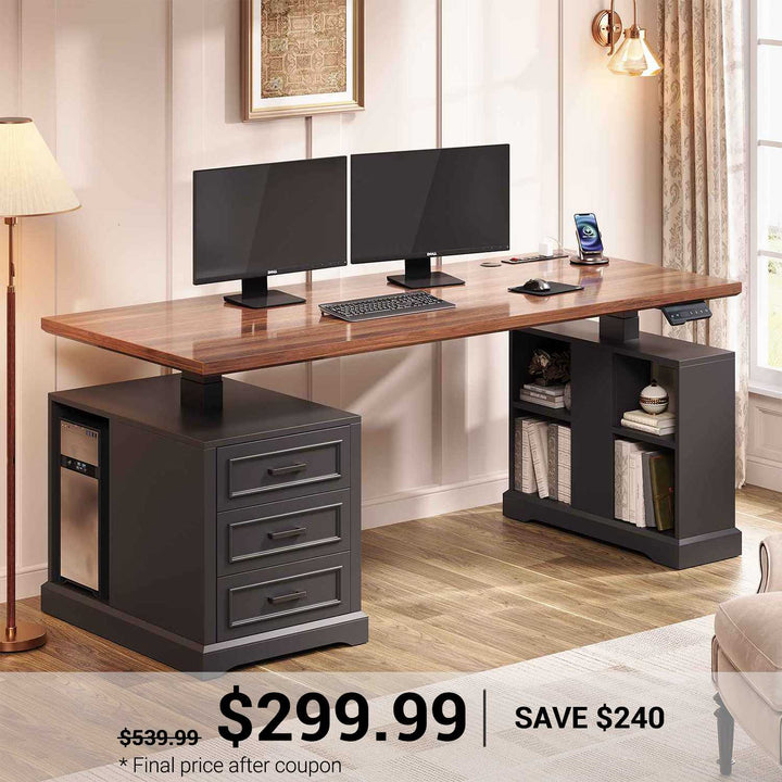 SEDETA 63 Inch Farmhouse Electric Standing Desk with 3 Drawers Storage Shelves Height Adjustable Computer Desk with Power Outlets