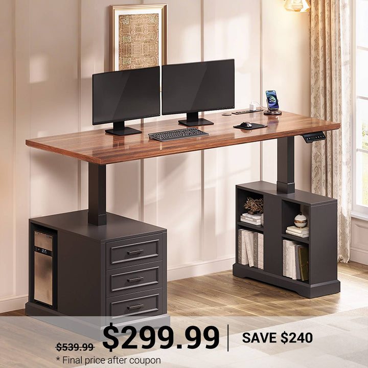 SEDETA 63 Inch Farmhouse Electric Standing Desk with 3 Drawers Storage Shelves Height Adjustable Computer Desk with Power Outlets