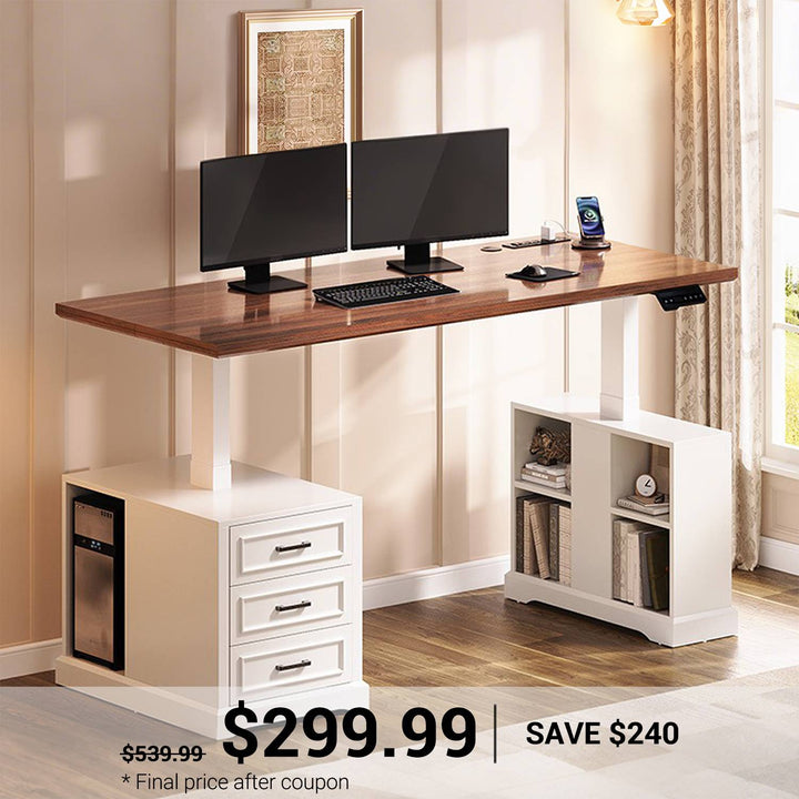 SEDETA 63 Inch Farmhouse Electric Standing Desk with 3 Drawers Storage Shelves Height Adjustable Computer Desk with Power Outlets