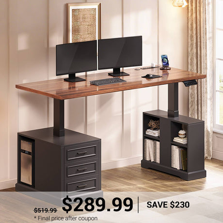 SEDETA | 63 Inch Farmhouse Standing Desk Electric Height Adjustable Home Office Desk with Power Outlets 3 Drawers Storage Shelves