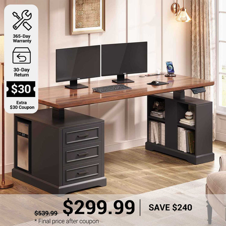 SEDETA 63 Inch Farmhouse Electric Standing Desk with 3 Drawers Storage Shelves Height Adjustable Computer Desk with Power Outlets