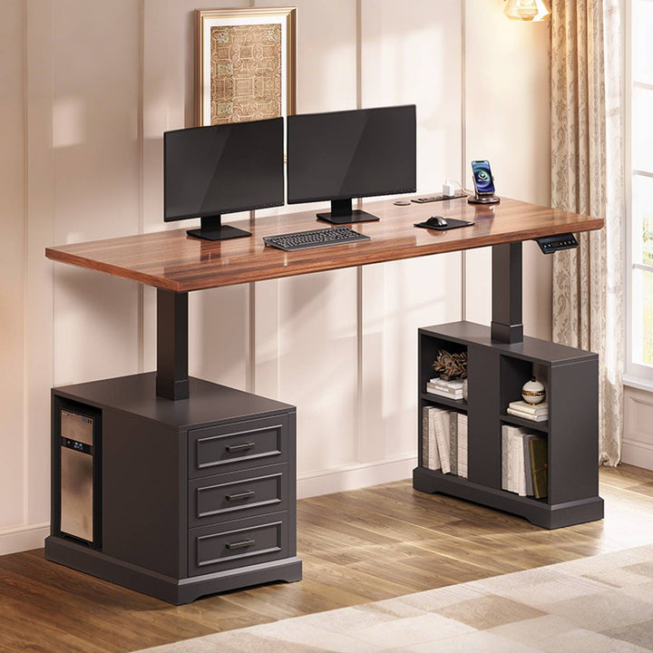 SEDETA 63 Inch Farmhouse Electric Standing Desk with 3 Drawers Storage Shelves Height Adjustable Computer Desk with Power Outlets