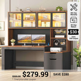 SEDETA® 55 Inch Executive Office Desk with 2 Drawers and Display Cabinet Home Office Desk with Hutch and Printer Stand Gaming Desk with Power Outlet and LED Light Computer Desk with Pegboard