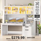 SEDETA® 55 Inch Executive Office Desk with 2 Drawers and Display Cabinet Home Office Desk with Hutch and Printer Stand Gaming Desk with Power Outlet and LED Light Computer Desk with Pegboard